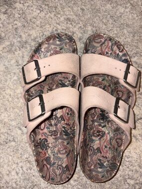 Birkenstock Light Pink Suede Two-Buckle Sandal with Patterned Footbed